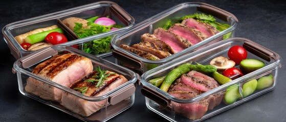 Four meal prep containers filled with grilled meats, fresh vegetables, and colorful garnishes, arranged neatly against a dark background.