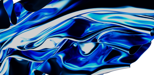 Abstract composition with shiny blue material creating fluid shapes. Ideal for backgrounds, digital art, and creative projects. Reflective, glos