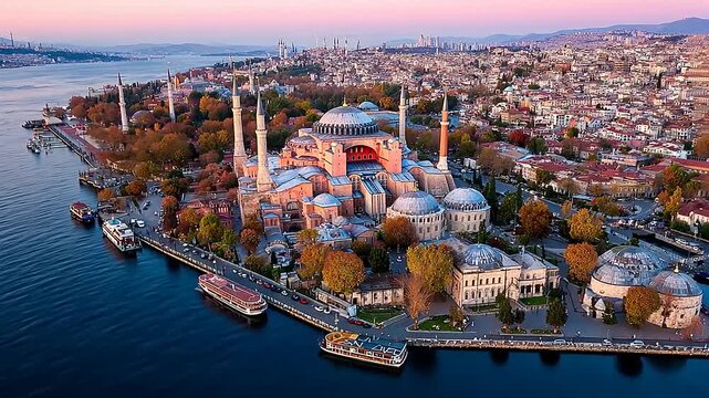 Breathtaking Aerial View of Hagia Sophia at Sunrise, Istanbul's Historical Jewel