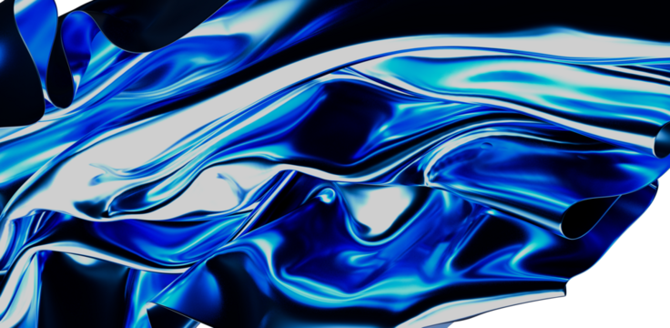 Abstract composition with shiny blue material creating fluid shapes. Ideal for backgrounds, digital art, and creative projects. Reflective, glos