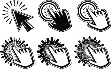 Black and White Click Hand Cursor Icons Set for Web and UI Design