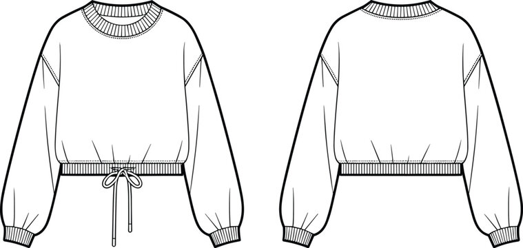 Front and Back Technical Sketch of Cropped Sweatshirt with Ribbed Crew Neckline, Ribbed Cuffs, Ribbed Hem, Balloon Sleeves, and Adjustable Drawstring Hem Detail