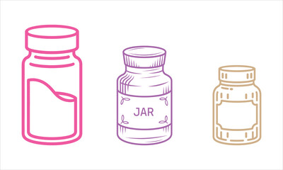 Set of cute glass jars in different styles and colors isolated