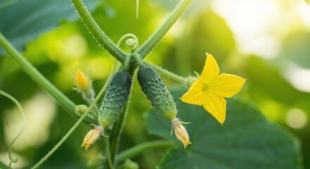 Close-up of small cucumbers and yellow flowers on vine