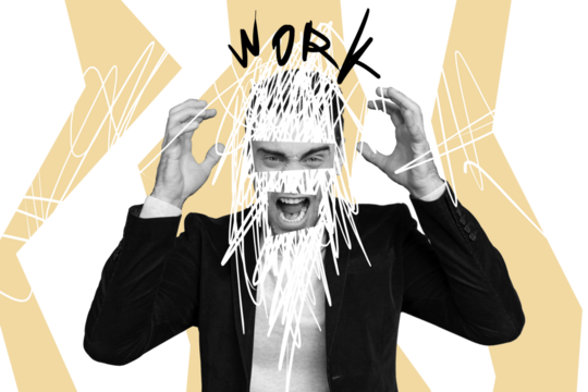 Creative collage image young businessman furious outraged emotion irritated drawing doodles mental disorder crazy employee