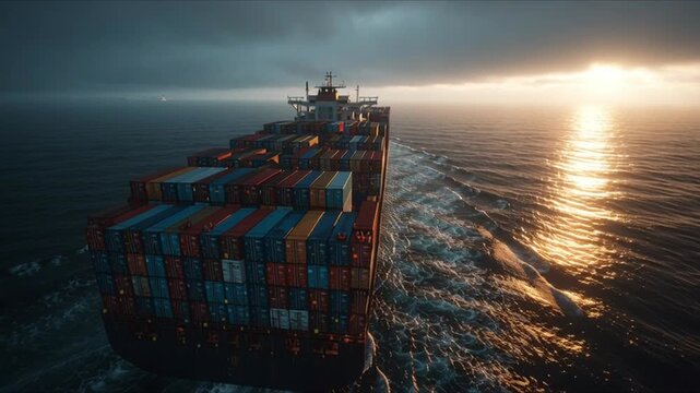 A giant container ship slowly sails across the open ocean at dawn, filmed in medium shot from a slightly elevated cinematic angle. The vessel is piled high with colorful containers