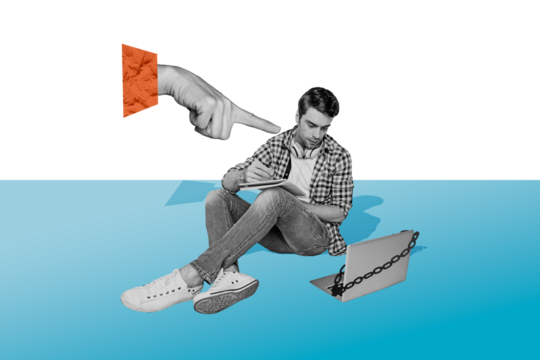 Poster collage banner of guy sit writing copybook look chain netbook