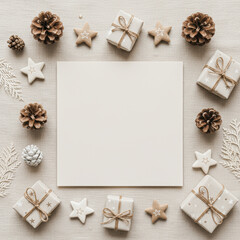 Fototapeta premium A serene holiday-themed arrangement featuring gift boxes, pine cones, and natural elements surrounding a blank square for messages or designs.