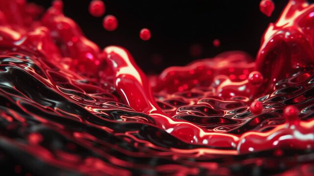 Extreme contrast red and black abstract motion video. Red energy waves or liquid forms collide and ripple over a deep black background, forming bold textures and dynamic shapes