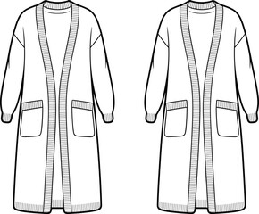 Front Technical Sketch of Long Cardigan Sweater with Ribbed Open Front, Ribbed Cuffs, Ribbed Hemline, Long Sleeves, and Patch Pockets for Fashion Illustration