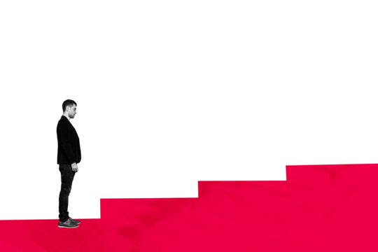 Composite artwork collage image picture of black white colors guy stairs upwards isolated on creative background