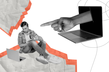 Composite photo collage of hand peek macbook device point control serious guy write to do list workload isolated on painted background