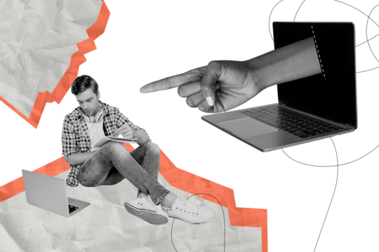 Composite photo collage of hand peek macbook device point control serious guy write to do list workload isolated on painted background - Powered by Adobe