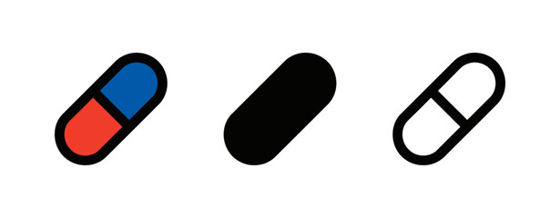 Pill Icons Featuring Solid, Outline, and Two-Tone Designs Against a White Background