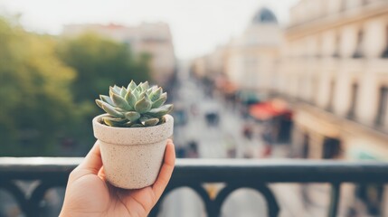 Succulent Plant In Hand With Urban Cityscape Background. Urban Gardening And Nature In City Life