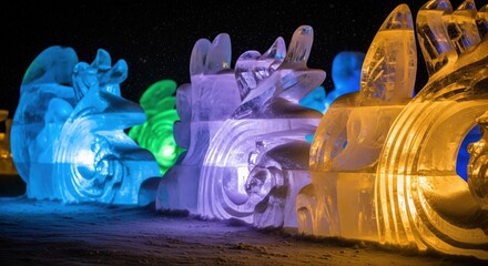 Harbin Ice Carving Close-Up. Multicolor Light Reflection on Snow.