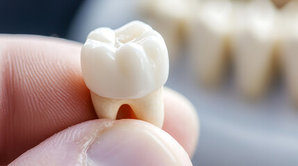 Dental crown close-up: A detailed view of a pristine, replacement tooth held by a person, highlighting its texture and shape.