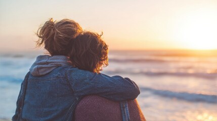 Two People Embracing While Watching A Serene Ocean Sunset. Capturing A Moment Of Connection And Tranquility