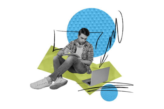 Composite photo collage of serious concentrated man look macbook device write pen notepad earphones freelance isolated on painted background