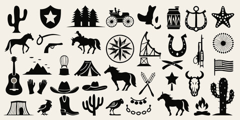 Collection of western and cowboy silhouette icons including cacti horses and american flag