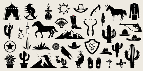 Collection of black silhouette icons representing the american wild west and cowboy culture