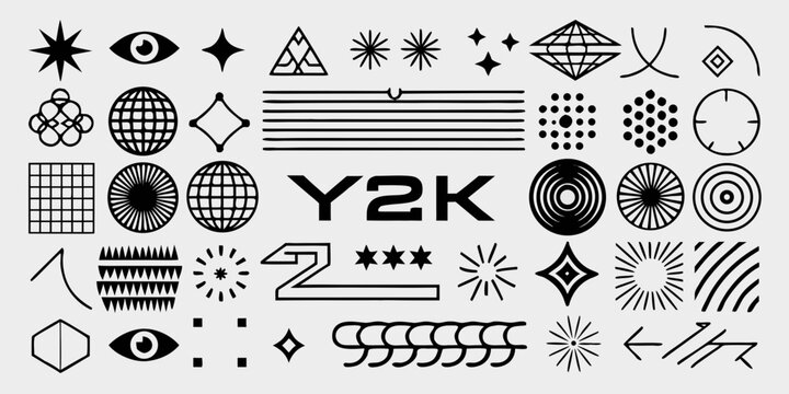 Collection of y2k inspired abstract geometric shapes and symbols in black and white