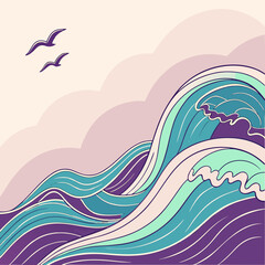 Stylized ocean waves and seagulls under a cloudy sky