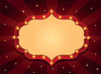 A bright, festive, glowing beige and red vector sign with stars and space for text. Perfect for celebrating victories, badges, awards, competitions, circus performances, shows, and holidays