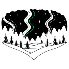 Stylized winter landscape with northern lights and starry sky