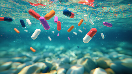 A vibrant, surreal underwater scene with colorful capsules and tablets floating and sinking in clear turquoise water
