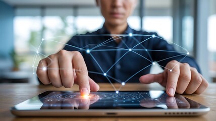 Connecting to Global Network using Touchscreen Tablet with futuristic elements