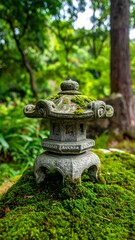 Obraz premium Stone lantern covered in moss, in a lush Japanese garden