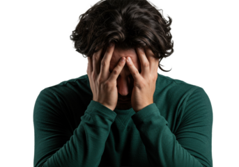 Man with hands on head isolated on transparent PNG, expressing stress and anxiety, depicting mental health issues and emotional distress