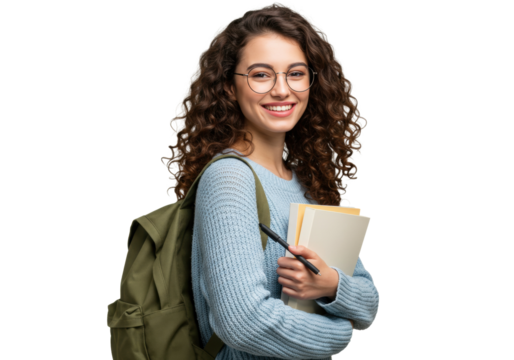 Smiling student girl with curly hair and glasses isolated on white, holding books and pen with backpack for education and learning