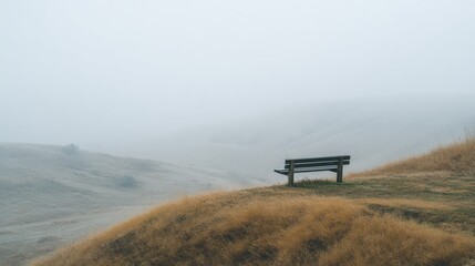 Lonely Bench On Foggy Hillside. Solitude And Reflection In Nature
