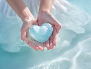 透き通る青いハートを両手で包み込む優しさと癒しを表現したイメージ