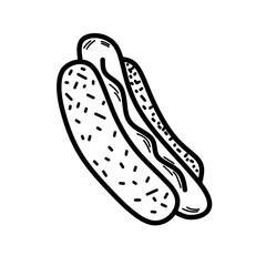 Hotdog seamless pattern. Hotdog doodle hand drawn. Outline drawing hot dog line clipart symbol, Illustration of hot dog for coloring page of kids books.