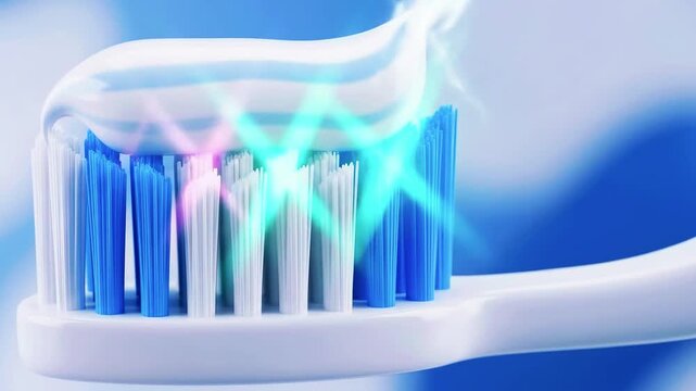 Close-up of a white toothbrush with blue and white bristles, highlighted with glowing effects