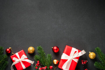 Christmas flat lay background with holiday decorations.