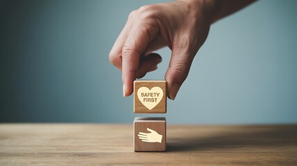 Hand carefully placing safety first blocks emphasizing protection and care concept