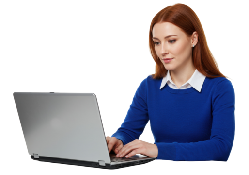 Redhead woman in blue sweater using laptop isolated, working online and typing on keyboard for business or education