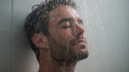 Man Enjoying A Relaxing Shower With Eyes Closed. Serenity And Refreshment In Daily Routine