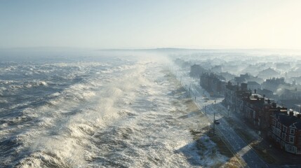 Stormy Ocean Waves Crashing Onto Coastal Town. Dramatic Weather And Urban Landscape
