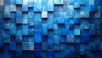 Textured, abstract digital art composed of blue and cyan blocks