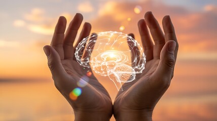 Human brain in hands creativity intelligence and artificial intelligence concept
