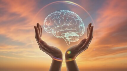 Human brain in hands with dreamy sunset sky illustration graphic
