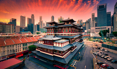 Buddha Tooth Relic Temple at sunrise in China town, Singapore.