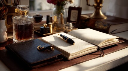 Elegant Leather Workspace with Open Diary and Fountain Pen on Desk Surrounded by Vintage Accessories and Warm Lighting