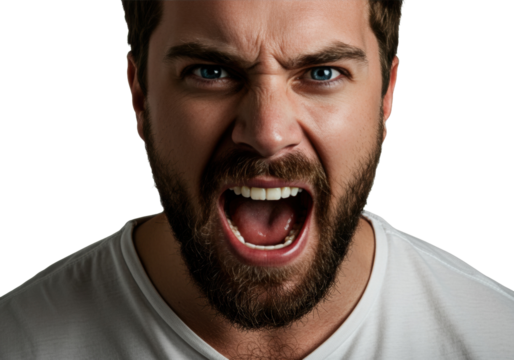 Angry bearded man shouting with mouth open isolated on transparent background, expressing rage and frustration in a close-up portrait
