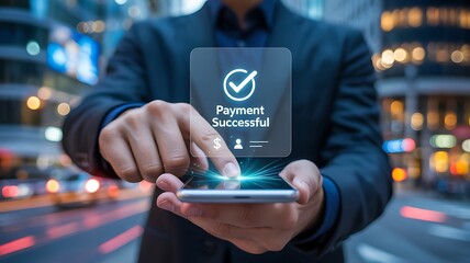 Man uses smartphone for successful online payment in city at night